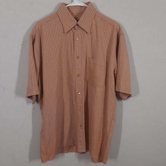 Bugatchi Uomo Adult Mens L Orange Check Short Sleeve Button Up Shirt Read - Picture 1 of 8